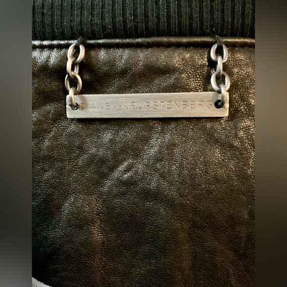 Diane Von Furstenberg Black Leather Jacket with zip off draw string hood - Picture 5 of 11